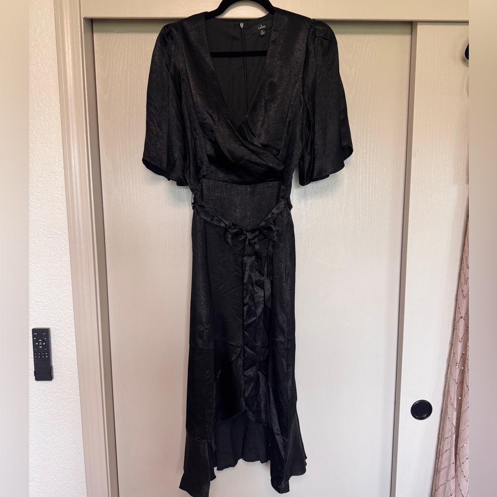 Lulu’s Black Satin faux Wrap Dress - Women's Elegant Evening Dress